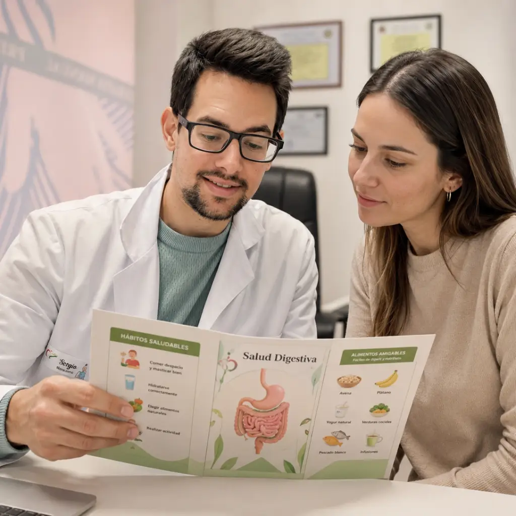 Nutricionista Sergio mostrando una guía de salud digestiva a una paciente durante una consulta cercana en una clínica de nutrición cálida y moderna.