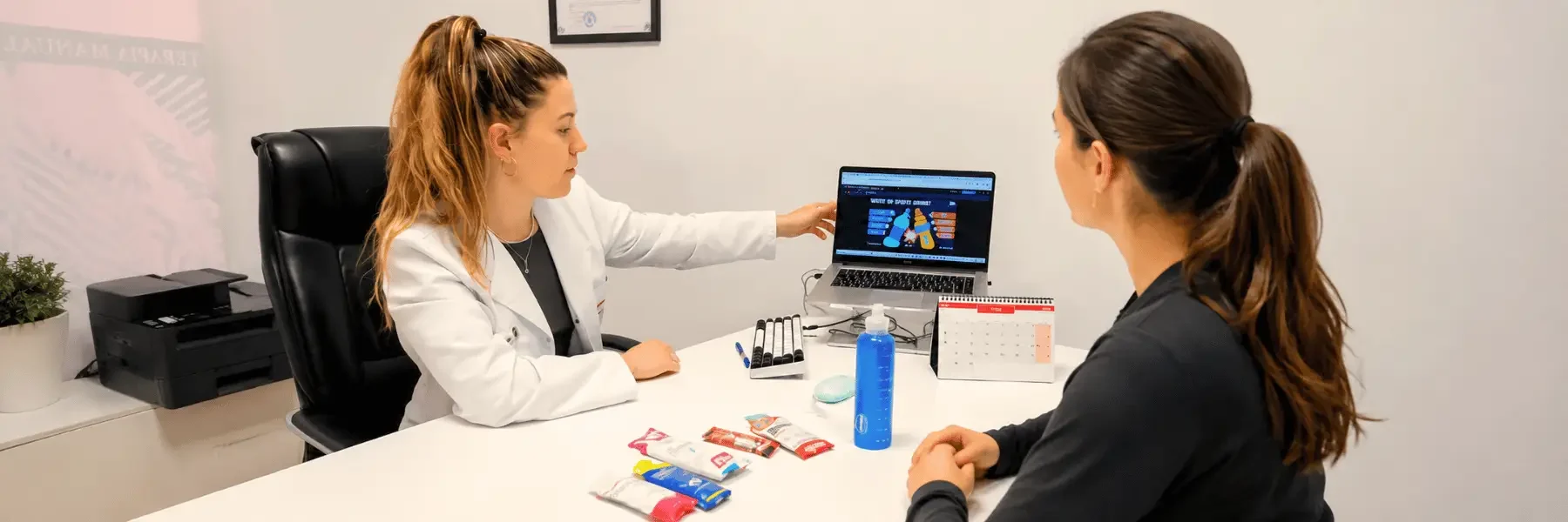 Sara explicando a un apciente sobre nutricion en un ordenador portatil en nuestra clinica Salamanca Cambia Comiendo